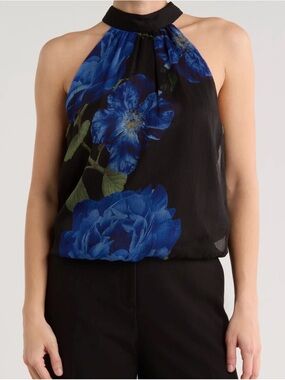 Alice + Olivia Black Halter Blouse with Blue Floral Print